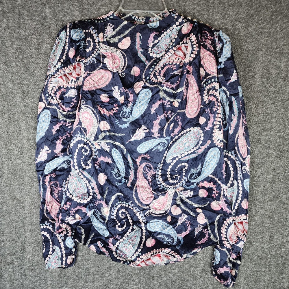 Thurley Blouse Womens 10 Crown of Thornes Navy Blue Silk Paisley EUC